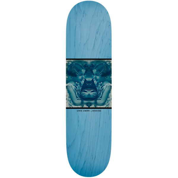 Birdhouse Lizzie Armanto Beautiful Mutants 8.25 skateboard deck: Blue-toned vintage photograph in a black-bordered panel on a light blue wood-stained deck: a mirrored pair of girls in old-fashioned dress holding a dark cat. Small caption beneath.