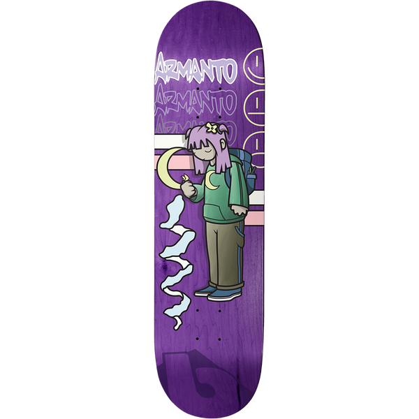 Birdhouse Lizzie Armanto Been Here 8.0 skateboard deck: Cartoon girl with lilac hair, backpack and moon-motif jumper sprays a crescent moon on a wall, with smoke wisps below and graffiti-style Armanto tags and stripes at the top of a purple deck.