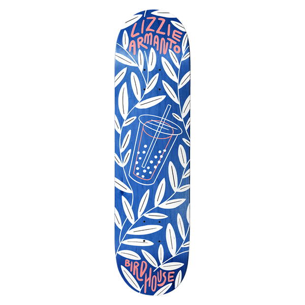 Birdhouse Lizzie Armanto Boba 8.25 skateboard deck: Line drawing of a bubble tea cup with straw and tapioca pearls, surrounded by white leafy branches on a blue stained deck. LIZZIE ARMANTO and BIRDHOUSE are lettered in coral pink at either end.