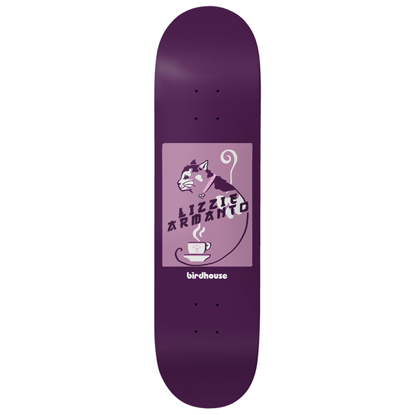 Birdhouse Lizzie Armanto Cat 8.0 skateboard deck: Pale mauve rectangular panel on a deep purple deck showing an illustrated cat curled around a steaming cup and saucer, with the rider name across it in angular lettering and a Birdhouse logo below.