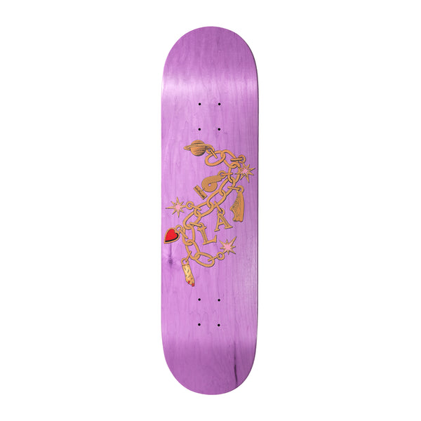 Birdhouse Lizzie Armanto Chain 8.25 skateboard deck: A gold charm-bracelet chain on a pink-purple stained deck, hung with a planet, red heart, stars, a trainer and the letters L and A, with other small charms.