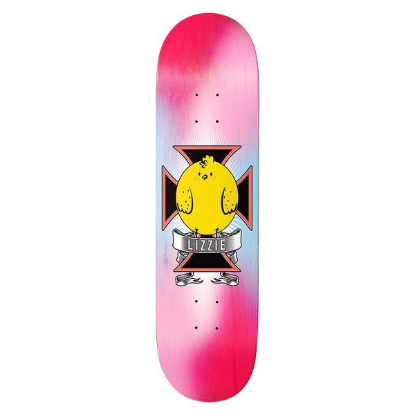 Birdhouse Lizzie Armanto Chickpea Multi 8.0 skateboard deck: Yellow cartoon chick sits in front of a black iron cross with a silver scroll banner reading Lizzie. Background is a pink, red and pale blue tie-dye wash with faint rays.