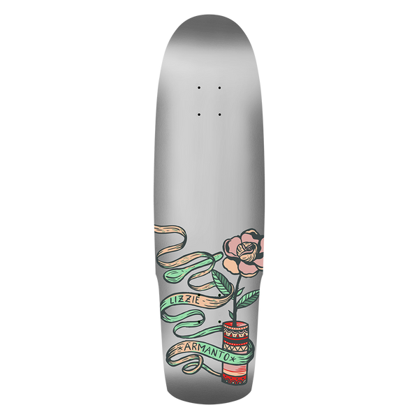 Birdhouse Lizzie Armanto Companion Shaped 8.75 skateboard deck: Shaped deck with a silver metallic top and a tattoo-style pink rose in a patterned red pot near the tail, with green and cream ribbons carrying the rider name.