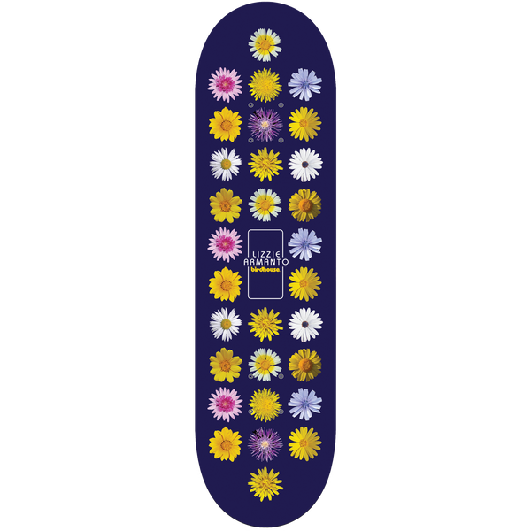 Birdhouse Lizzie Armanto Floral 8.0 skateboard deck: Photographic daisy-like flowers in yellow, white, pink, purple and lilac set in a tidy grid of three columns down a navy deck, with a small outlined panel holding the rider name and Birdhouse logo at the centre.