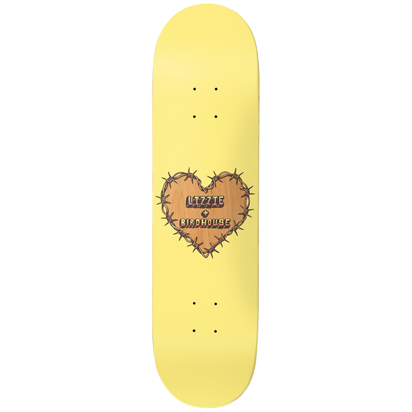 Birdhouse Lizzie Armanto Heart Protection 8.0 skateboard deck: Heart wrapped in barbed wire, filled with bare wood grain and carrying the rider's name and brand in raised lettering, centred on a pale yellow deck.