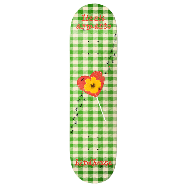 Birdhouse Lizzie Armanto Left Overs 8.0 skateboard deck: A green gingham picnic cloth pattern with a red heart-shaped lollipop holding a yellow pansy, with lines of black ants marching towards it. Hand-lettered rider name above and brand below in red.