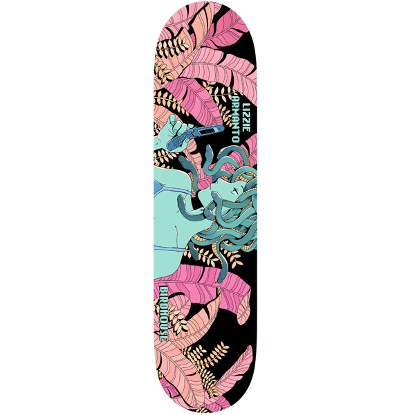 Birdhouse Lizzie Armanto Medusa 8.0 skateboard deck: A teal-skinned Medusa with snake hair holds a flip phone, surrounded by pink and peach banana leaves and gold foliage on a black deck. Rider name and Birdhouse in pale teal lettering along the sides.