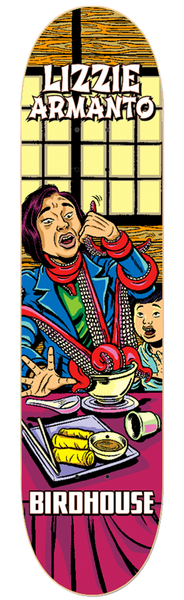 Birdhouse Lizzie Armanto Mexipulp 7.875 skateboard deck: Pulp-comic scene of a woman in a blue jacket eating at a restaurant table, a red tentacle wrapped around her scarf and a bowl, with a child at her side, spring rolls and chopsticks in front. Name in white lettering at the top and 'Birdhouse' at the bottom.