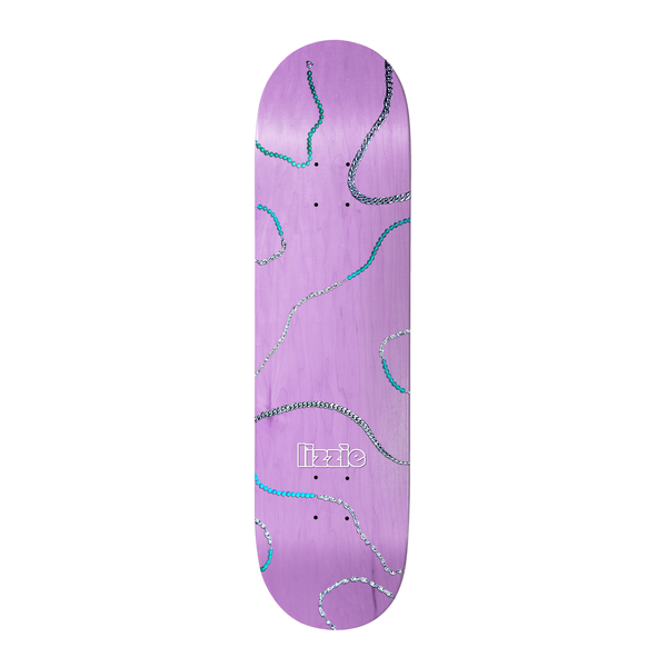 Birdhouse Lizzie Armanto Necklace 8.25 skateboard deck: Teal and silver necklace chains and beaded strands winding loosely across a lilac stained deck, with a small outlined lizzie logo near the tail.