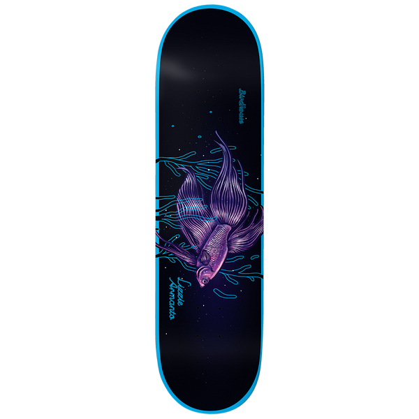 Birdhouse Lizzie Armanto Stillness 8.0 skateboard deck: Purple and pink fighting fish with long flowing fins swimming among blue neon-style water lines on a dark navy deck with a bright blue border. Rider name in blue script.
