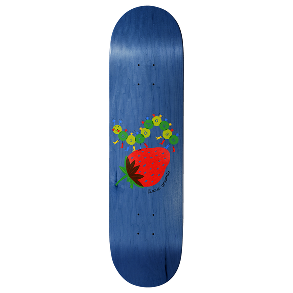 Birdhouse Lizzie Armanto Strawb 8.25 skateboard deck: A green caterpillar whose body segments spell the brand name sits on a large red strawberry, painted in a naive, childlike style on a blue stained deck. The rider's name is handwritten below.