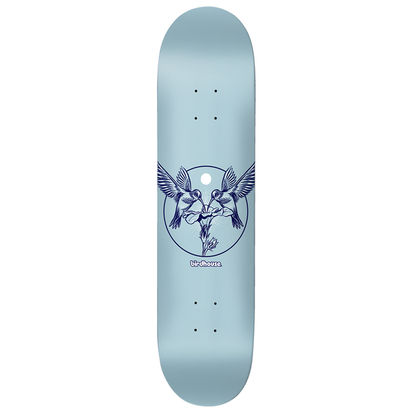 Birdhouse Logo Hummingbird 8.25 skateboard deck: Two navy line-drawn hummingbirds feeding from a single flower inside a circle, with a small white moon and Birdhouse logo beneath, on a pale blue deck.