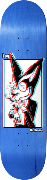 Birdhouse Loy 3D Animals 8.38 skateboard deck: Outline cartoon of a snarling dog or fox in a studded jacket, drinking from a bottle marked with an X, in a red and cyan 3D anaglyph effect within a white panel on a blue stained deck. Small rider and Birdhouse labels.