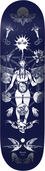 Birdhouse Loy Offering 8.5 skateboard deck: Symmetrical occult-style illustration in silvery white on navy: a pregnant woman with wings among moths, flowers, hands, mushrooms and a skull, beneath a sun with an eye and an all-seeing symbol. Swallows and banner text near the tail.
