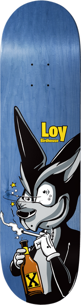 Birdhouse Loy Remix 8.38 skateboard deck: Cartoon black-and-grey wolf-like character in a jacket, dazed with stars around its head, smoking a cigarette and holding a bottle marked with an X. Birdhouse Loy logo in yellow above, on a blue woodgrain stain.