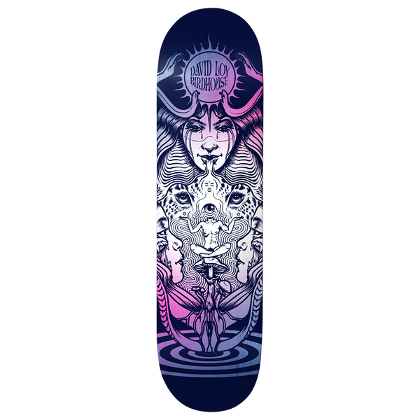 Birdhouse Loy Self Discovery 8.5 skateboard deck: Symmetrical psychedelic illustration of a horned woman's face beneath a sun emblem, with a meditating figure, leopard eyes, profile faces and a rippling pool below. Fades from navy to pink and white.