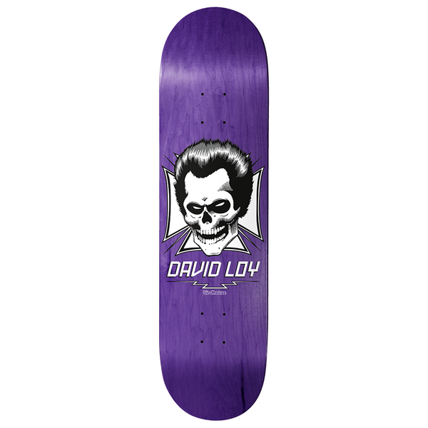 Birdhouse Loy Skull 8.38 skateboard deck: Skull with a black quiff hairstyle in front of a white Iron Cross shape, with the name David Loy and a lightning bolt beneath it. Small Birdhouse logo below, on a purple stained deck.