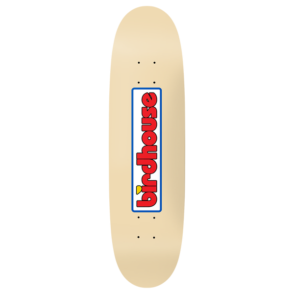 Birdhouse OG Toy Logo Shaped 8.75 skateboard deck: Chunky red lowercase Birdhouse toy logo with a yellow beak on the i, set vertically in a white blue-edged rounded box in the middle of a plain cream shaped deck.