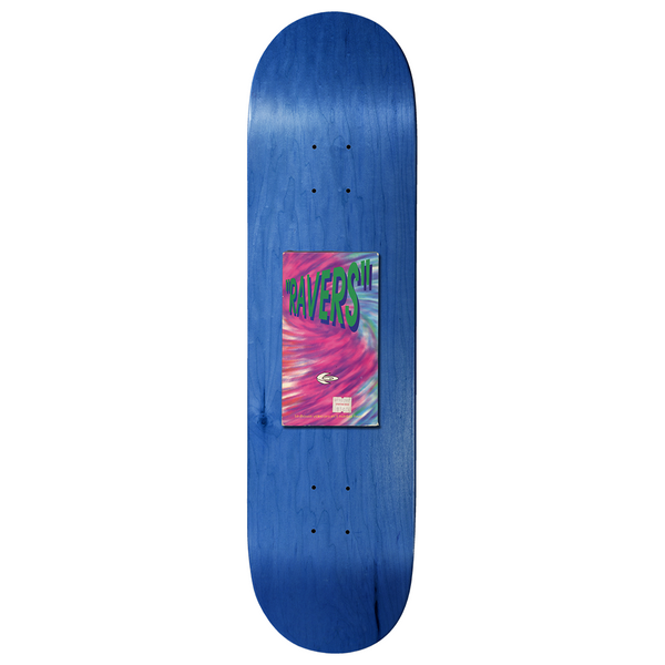 Birdhouse Ravers Logo 9.0 skateboard deck: Blue-stained deck with a small rectangular graphic of a rave video-style cover in swirling pink and teal, with green warped lettering.