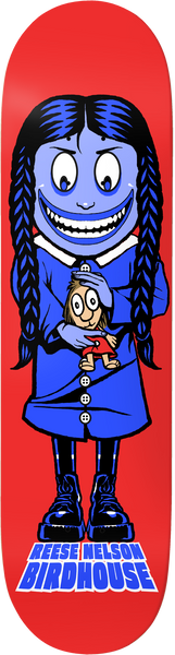 Birdhouse Reese Nelson Inception skateboard deck: Cartoon girl with blue skin, long braids and a wide toothy grin, in a blue dress and boots, holding a small doll, on a red deck. Rider and brand names in blue block letters at the bottom.