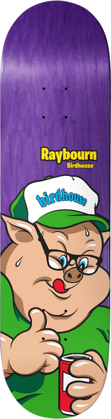Birdhouse Reybourn Remix 8.5 skateboard deck: Cartoon pig in a green shirt and green cap with the brand logo, wearing glasses, giving a thumbs-up, licking its lips and holding a soda can. It sits on a purple stained deck with the rider name at the top.