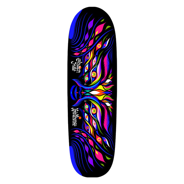 Birdhouse Shawn Hale Entities 8.75 skateboard deck: Wide, rounded-nose black deck with a symmetrical, mask-like pattern of flowing blue lines, eyes and diamond shapes in pink, yellow, green and purple, with a blue nose. Blackletter names run down the left.