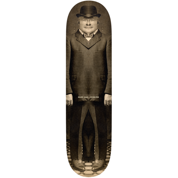 Birdhouse Shawn Hale Beautiful Mutants 8.0 skateboard deck: Sepia vintage photograph of a standing man in a bowler hat, bow tie and long dark suit, with his body stretched out to fill the board's length. A small caption sits at his waist.