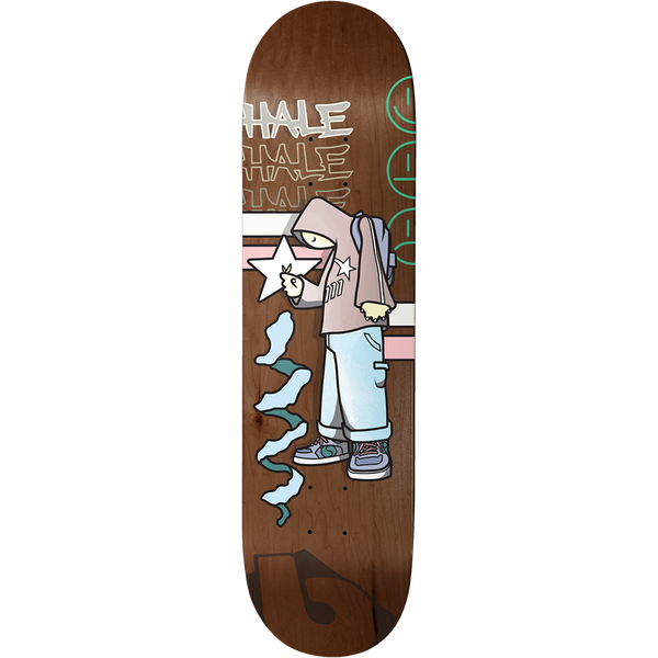 Birdhouse Shawn Hale Been Here 8.5 skateboard deck: Cartoon figure in a hoodie, baggy jeans and trainers, holding a star, with a smoke-like blue squiggle and stacked 'HALE' graffiti-style text above. Pink and white stripes cross the stained brown deck, with green smiley outlines at the top right.
