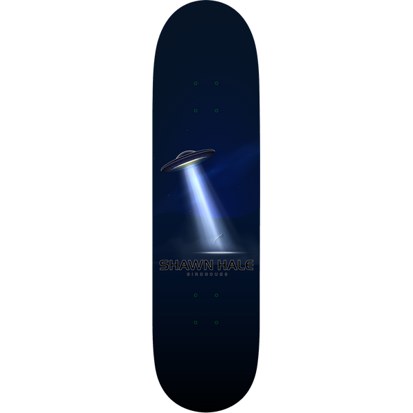 Birdhouse Shawn Hale Encounters 8.5 skateboard deck: A flying saucer shining a beam of light down onto a tiny figure in a dark night landscape, rendered in a realistic photographic style on a deep navy deck, with the rider name printed below.