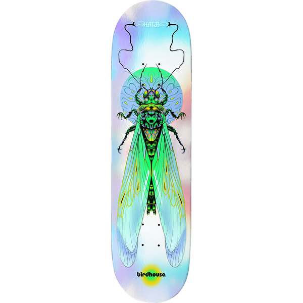 Birdhouse Shawn Hale Ilham Insects 8.75 skateboard deck: A detailed illustration of a winged insect with bright green wings and body in front of a pale blue and green sun, with Hale lettering and wavy antennae-like lines at the top, on a pearly holographic background.