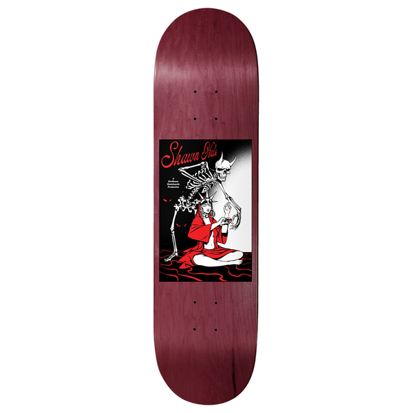 Birdhouse Shawn Hale Life Gives Death 8.5 skateboard deck: Black, white and red illustrated panel on a red-stained deck: a skeleton wearing a horned demon mask leans over a seated woman in a red cloak holding a goblet, with red liquid swirling around her.