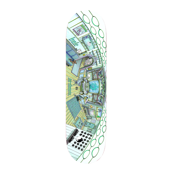 Birdhouse Shawn Hale Office 9.0 skateboard deck: A fisheye, wraparound view of a detailed office interior with a desk, chairs, monitors, wooden floor and shelves, drawn in pale iridescent greens and blues with a ring of green ovals down one edge.