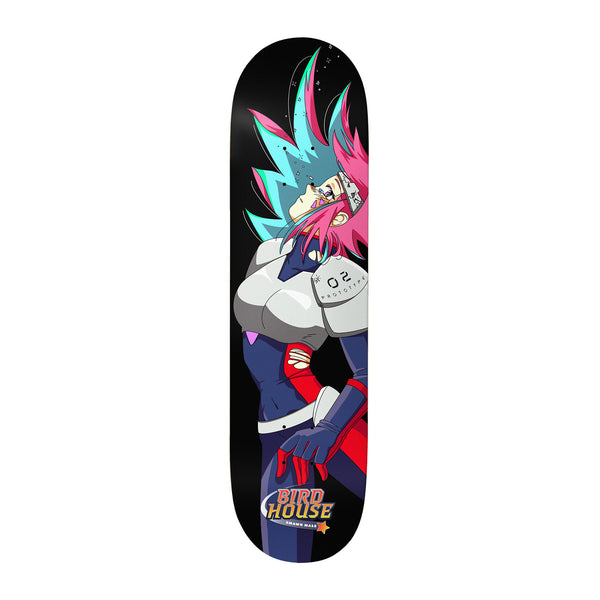 Birdhouse Shawn Hale Red Shift 8.75 skateboard deck: Anime-style woman in white and blue armour with spiky pink and teal hair, head tilted back and one hand on her hip, on a black background with a 02 Prototype shoulder marking and Birdhouse logo.