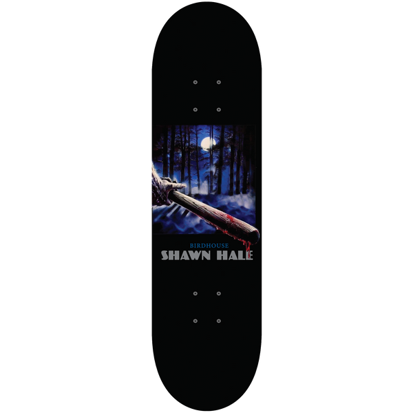 Birdhouse Shawn Hale Silver Bullet 8.25 skateboard deck: Horror-film style painting of a bloodied wooden bat held by a clawed hand in a moonlit snowy forest, in a rectangle on a black deck, with the rider name below.