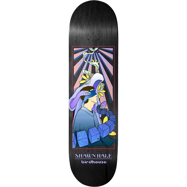Birdhouse Shawn Hale Eyes Without A Faith 8.5 skateboard deck: Stained-glass style illustration in a red frame: a blindfolded man is touched by a veiled figure while a chain of blue leaf-patterned cubes curls around him, under sun rays and yellow flowers. Rider name and Birdhouse logo in lavender below.