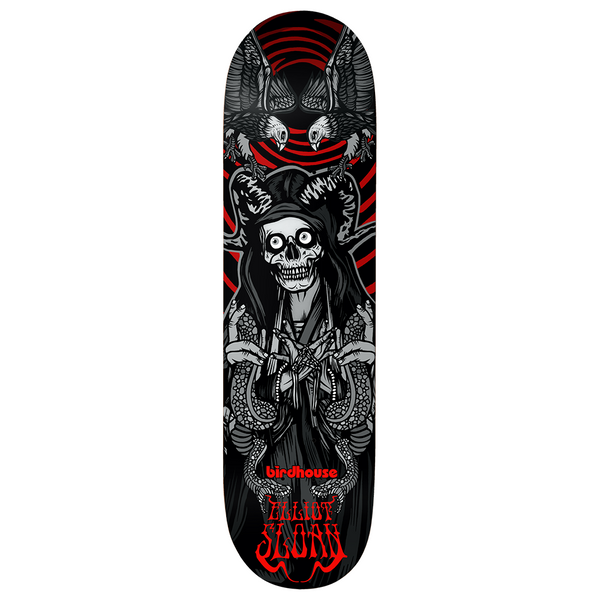 Birdhouse Sloan Reaper 8.5 skateboard deck: Grey skull-faced hooded reaper with ram horns and bulging eyes, wrapped in snakes, with two eagles above against red concentric swirls on black. Birdhouse logo and red 'Elliot Sloan' lettering at the bottom.