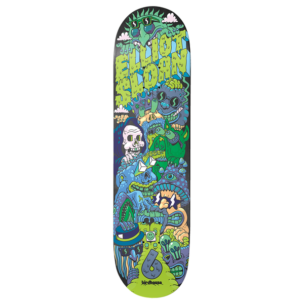 Birdhouse Sloan Sensory Overload White 8.25 skateboard deck: A crowded totem of cartoon monsters, a hooded skull, mushrooms, lightbulbs and a smiley face stacked up the deck beneath a sunglasses-wearing sun, with dripping green Elliot Sloan lettering. Green, blue and purple colourway.