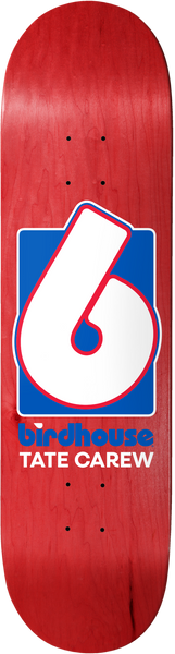 Birdhouse Tate Carew 5 Rings skateboard deck: A large white number 6 style Birdhouse logo outlined in red sits on a blue square, above the brand name in blue and the rider's name in white, on a red stained deck.