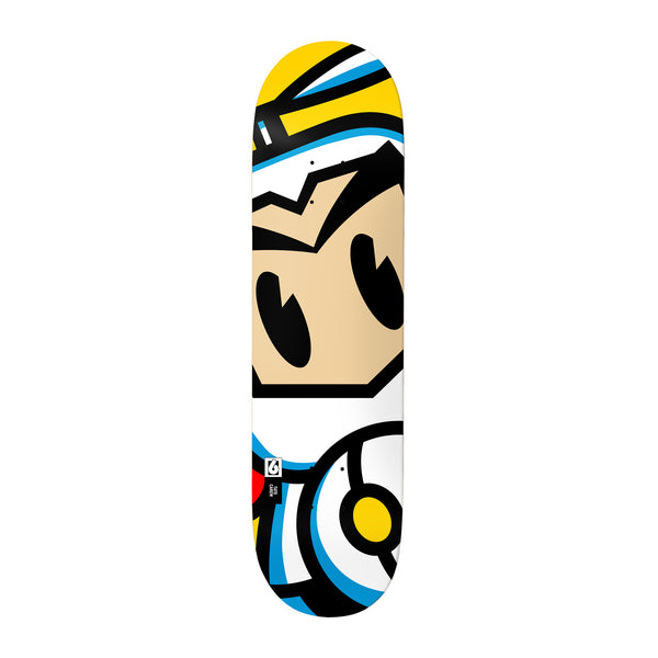 Birdhouse Tate Carew Bomber XL 8.5 skateboard deck: Cropped bold cartoon of a bomber-style character with a tan face, large black eyes, blue and white helmet and yellow details, drawn with thick black outlines.