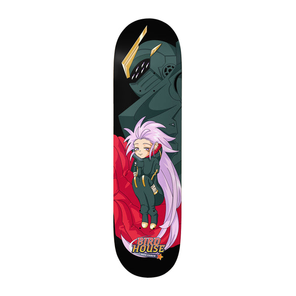 Birdhouse Tate Carew Red Shift 8.475 skateboard deck: Anime-style chibi girl with long lilac hair in a dark green flight suit, sitting on a red rose-like shape in front of a looming dark green armoured robot with gold horns, on black with a Birdhouse logo.