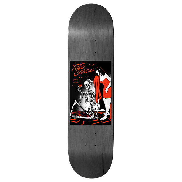 Birdhouse Tate Carew This Love 8.5 skateboard deck: Black, white and red illustrated panel on a grey-stained deck: a skeleton kneels holding a rose while a woman in a red dress and cloak rests a hand on its skull, with red liquid swirling on the floor.