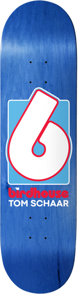 Birdhouse Tom Schaar 5 Rings skateboard deck: Large white number 6 style Birdhouse logo with red outline on a light blue square, with the red brand wordmark and rider name beneath, on a blue stained deck.