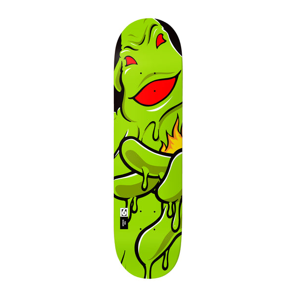 Birdhouse Tom Schaar Goop Guy XL 8.38 skateboard deck: Large cartoon slime monster with red eyes and mouth, arms crossed and dripping goo with a small flame, in bold outlines on a lime green deck. Small Birdhouse logo label near the tail.