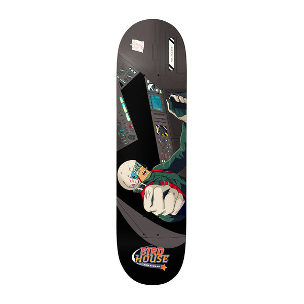 Birdhouse Tom Schaar Red Shift 8.5 skateboard deck: Anime-style pilot with a white helmet and blue visor punching a clenched fist toward the viewer inside a cockpit full of dials and screens, with a No Access label, on a dark grey deck with a Birdhouse logo.