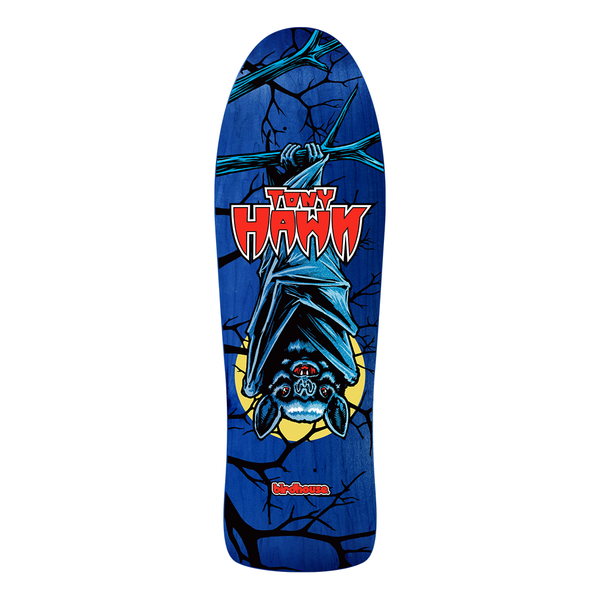 Birdhouse Tony Hawk Bat 10.25 skateboard deck: A bat hangs upside down from a bare branch in front of a yellow moon, drawn in comic-book style on a blue-stained old-school shaped deck. Red horror-style Tony Hawk lettering sits above the bat.