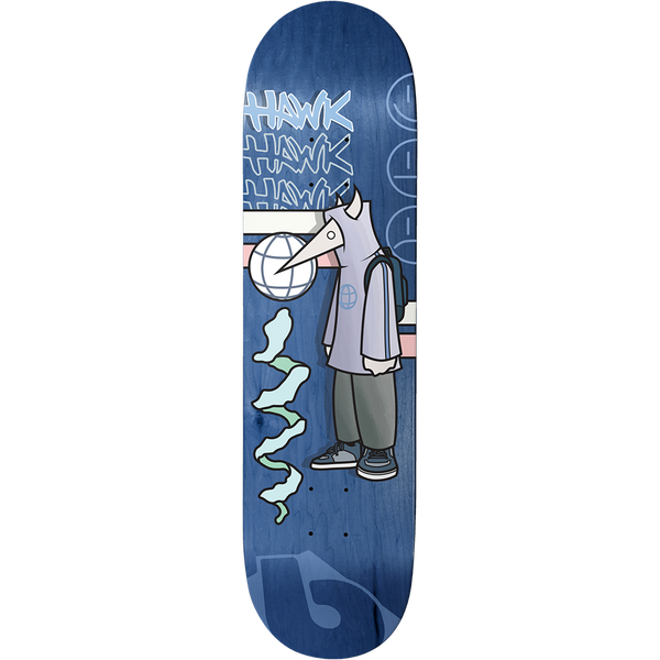 Birdhouse Tony Hawk Been Here 8.25 skateboard deck: Cartoon figure in a hoodie with a bird-beak head and backpack, holding a globe, with a pale green smoke squiggle and stacked 'HAWK' graffiti text above. Pink and white stripes cross the blue stained deck, with faint smiley outlines at top right.
