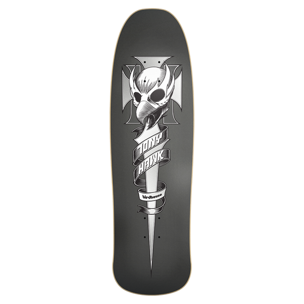 Birdhouse Tony Hawk Crest 9.375 skateboard deck: Silver bird skull with a beak on an iron-cross shape, impaled on a long dagger-like blade wrapped in ribbon banners reading 'Tony Hawk' and 'birdhouse'. Monochrome on a shaped grey deck.