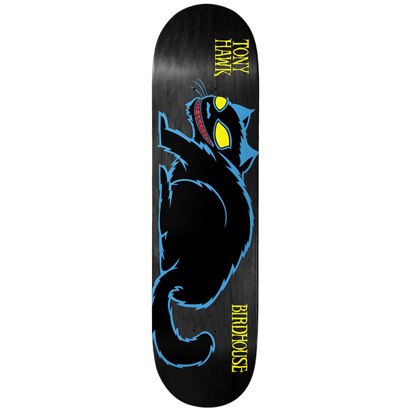Birdhouse Tony Hawk Evil Cat Blue 8.25 skateboard deck: Cartoon black cat with blue outline and fur, yellow glaring eyes and a grinning red-toothed mouth, lying along the deck on a black woodgrain stain. Yellow rider and brand names in small lettering.