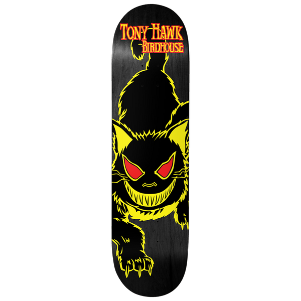 Birdhouse Tony Hawk Evil Cat Yellow 8.0 skateboard deck: Cartoon black cat with yellow outline and fur, red glaring eyes and a toothy grin, crouching with claws out along a black woodgrain deck. Rider and brand names in red and yellow lettering at the top.