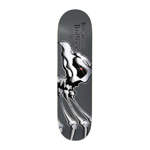 Birdhouse Tony Hawk Falcon 1 Gunmetal 8.25 skateboard deck: A large silver and black skeletal bird skull with a red-glinting eye and bony talons, drawn on a gunmetal grey deck, with Tony Hawk Birdhouse in black lettering at the top.